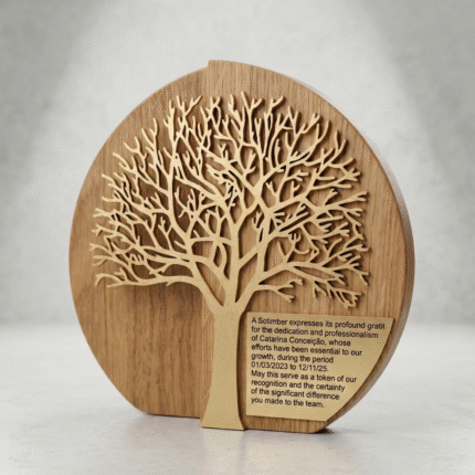 Masyvus ąžuolinis apdovanojimas su detaliu aukso spalvos medžio siluetu ir graviruota metaline plokštele