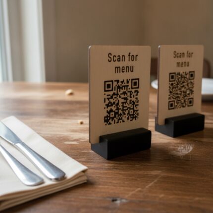 qr-kodo-meniu-zenklas-su-stoveliu-medienos-tekstura-is-arti