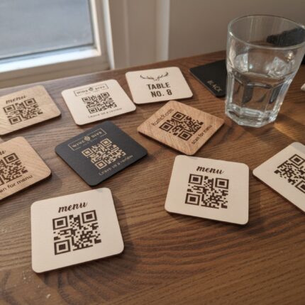 qr-kodo-padekliukas-meniu-ant-staliuko-medienos-tekstura-is-arti