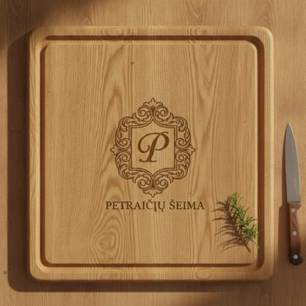 Personalizuota ąžuolo pjaustymo lentelė su grioveliu – graviruota dovana šeimai – hero